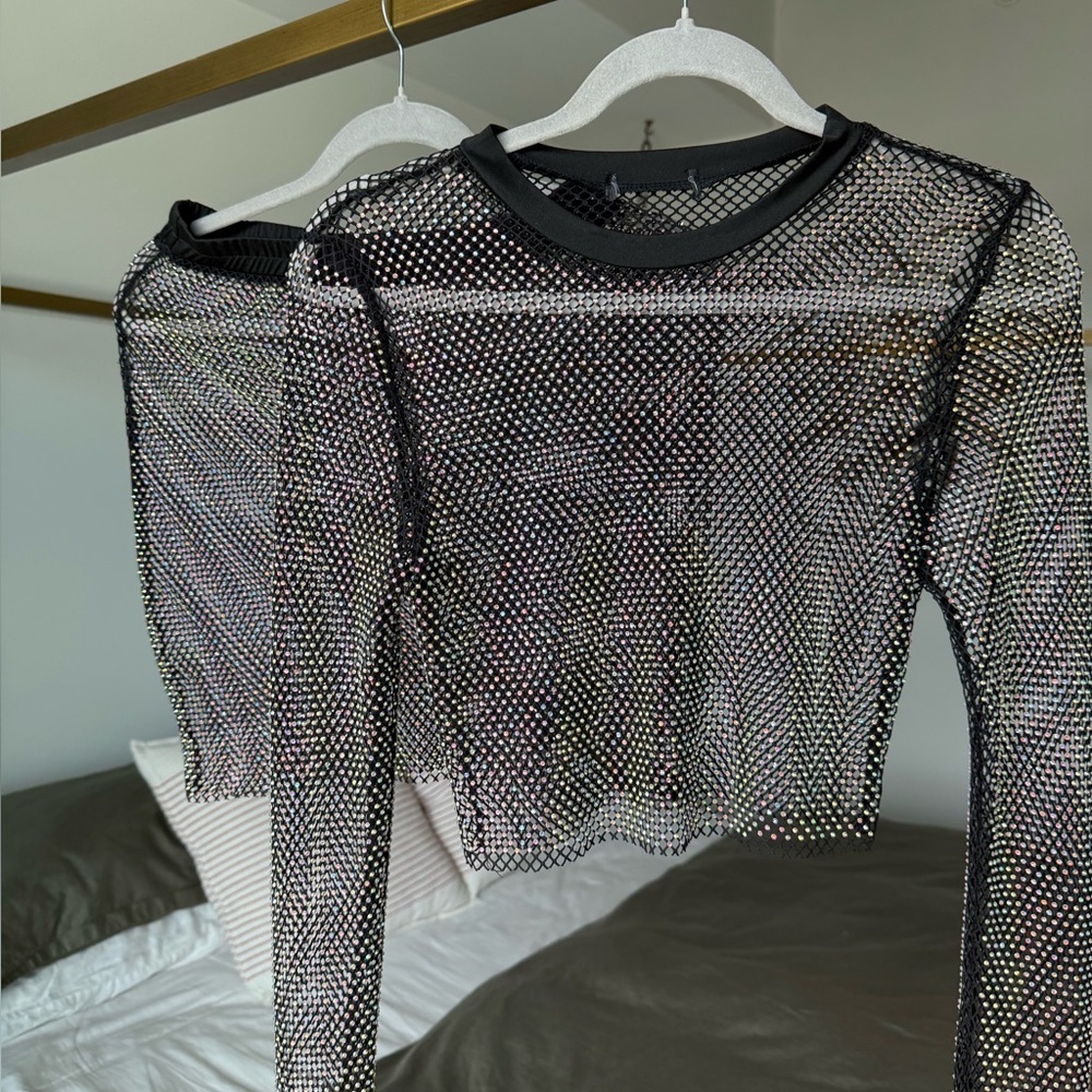 NEW Black Crystal Mesh Two-Piece Set Crystal Festival Mini Skirt + Crop Top S/M